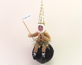 Vintage Inspired Spun Cotton Coal Child Christmas Ornament (MADE TO ORDER)