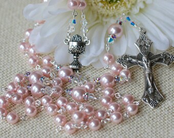 Catholic Swarovski Pearl First Holy Communion Rosary