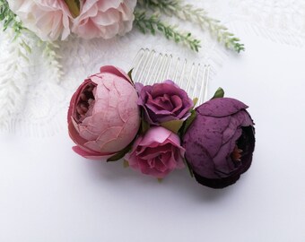 Pink and purple flower hair comb, purple hair piece, wedding hair accessories, pink flower headpiece, pink bridesmaid hair comb, flower girl