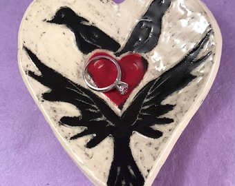 Clay Heart Ring Dish or Spoon Rest with Crows and Heart