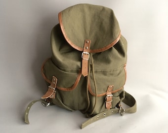 Canvas and Leather khaki green rucksack / backpack
