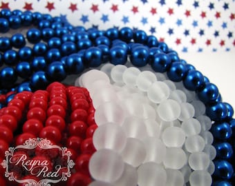Patriotic July 4th Glass Bead Mix, 3 Extra Long strands glass pearls, glass beads, patriotic, military, Independence Day - reynaredsupplies