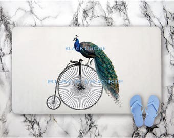 Peacock Bath Mat - Vintage Bicycle Bath Mat - Bird Rugs - Bike Rugs - Peacock Bathroom Decor - Vintage Penny Farthing Bath Mat