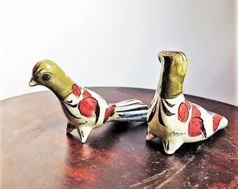 Vintage Tonala Birds Pair of Hand Painted Mexican Ceramic Birds Bohemian Folk Art