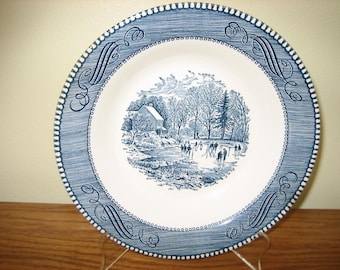 Currier And Ives Early Winter By Royal China, Soup Bowl, Winter Scene With Ice Skaters, Blue & White