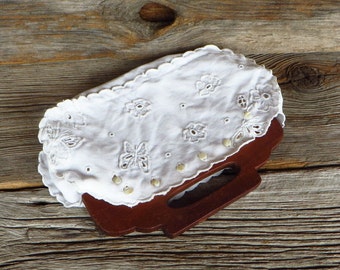 White Purse with Crocheted and Appliqued Butterflies Wood Handle Purse 1960s Purse