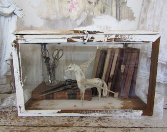 Rusty display case metal w/ glass curiosities showcase French farmhouse distressed white box for collectibles home decor anita spero design
