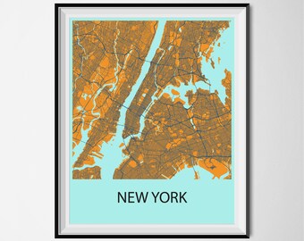 New York Map Poster Print - Orange and Blue