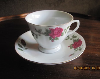 dainty bone china teacup and matching saucer, marked, made in china,pink roses hand painted on both ,gold trim