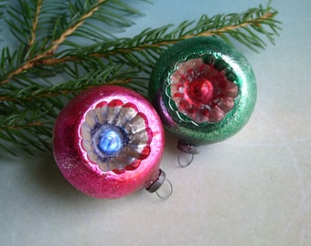 Vintage Indent Glass Feather Tree Christmas Ornaments Bumpy Pink Green