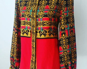 Vintage Adrianna Papell Silk Red Blouse with Plaid and Black and Gold Print | Vintage Size 10