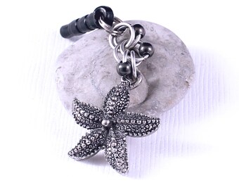 Starfish Dust Plug - Animal Charm, Headphone Jack Charm, Gunmetal Beads, Cell Phone Accessory