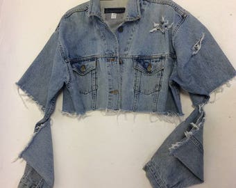 Raw Destroyed Tattered fitted denim jacket XXL