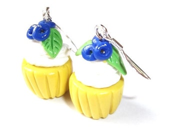 Blueberry Cupcake Earrings ( kawaii kids earrings fake food polymer clay food cupcakes food earrings cupcake jewelry miniature food )