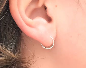 Tiny Silver Hoop Earrings, Sterling Silver Hammered Hoops, Silver Hoop Earrings, Small Hoop Earrings, Cartilage Earrings