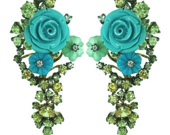 925 Silver Earrings, Hot Floral design Turquoise Carved Flowers with Yellow and Light Green Zircon
