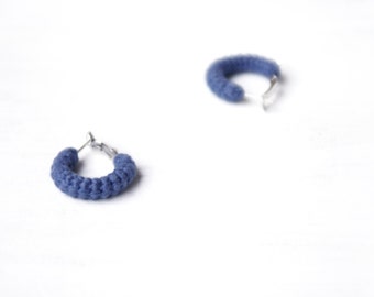 Blue Earrings, Denim Blue Hoops, Minimalist Earrings, Small Blue Hoops, Crochet Tube Hoops, 1 inch hoop earrings, Everyday Earrings