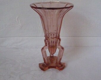 1930s Art Deco Pink Pressed Glass Rocket Vase 17cms 6 1/2"