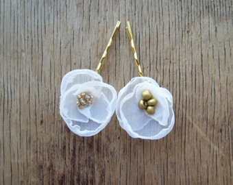 Set Of 2 Organza Flower Bobby Pins in Off White Wedding Flowers Bridal Flower Hair Pins Wedding Party Flowers Flower Girl Hair