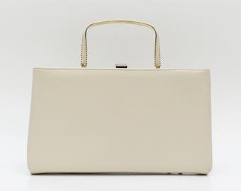Ivory Leatherette Pocketbook Handbag - Vintage 1950s Off White Clutch