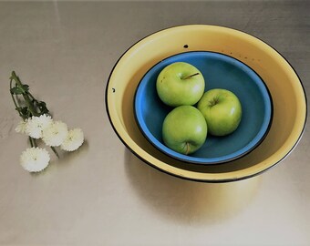 Two Vintage Enamelware Mixing Bowls - Yellow and Blue