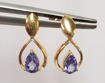 5/8" Estate 14k Yellow Gold Natural 1ct Pear Tear Drop Tanzanite Earrings Dangle Studs RY117