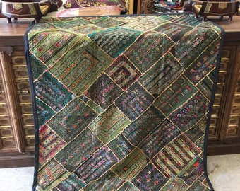 Antique Vintage  Original Tapestry khakhi Green Hand Crafted Beaded RUG Wall Hanging Decor FREE SHIP