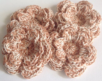 Crochet Layered Flower Appliqués - 4 Copper Brown and Cream