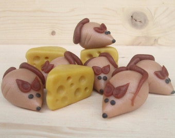 Marzipan Mice (6) And Cheese (3) - fondant mice - marzipan animals - mouse cake topper - edible mouse - mouse gift - mouse cake decorations