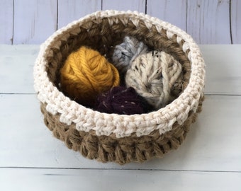 Jute twine basket, crocheted basket, rope basket, jute bowl, small basket, brown and white crocheted basket, key basket, housewarming