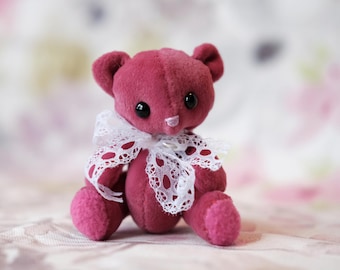 Ruby, miniature artist bear, little pink teddy bear, handmade plush bear, moby and puddle, by samantha webb, collectible teddy