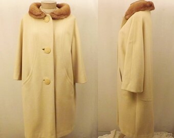 50's Vintage Grandura Wool Coat with Mink Fur Collar Size L