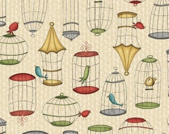 Beige background by 10cms birds Cages cotton fabric