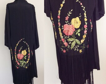 1920's Black Silk Crepe Embroidered Fringe Robe Kimono with Floral Embroidery Size XS Small Medium Large XL by Maeberry Vintage