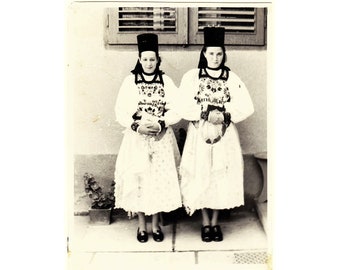 Vintage 1970s Black and White Photograph Ladies in Traditional Dress National Costume Eastern Europe Romania Folk Embroidery Old Photo 335