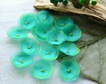 Handmade organza flowers, sew on flower appliques, floral embellishments, diy bouquet supplies, silk fabric flowers (15pcs)- AQUA MINT-LIME