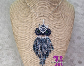 Feathered Owl Pendant - Gray/White/Navy Blue