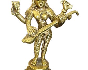 Indian Vintage Hindu Goddess Saraswati Brass Statue Playing Veena Music Divine decor