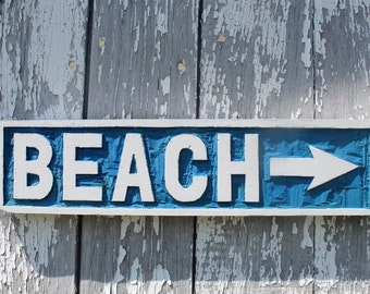 Wooden BEACH sign hand carved nautical wall art coastal home decor beach arrow sign