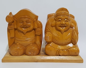 The Seven Lucky Gods Shichifukujin Tandem of Ebisu and Daikokuten Wooden Display Statue, CecysAsianShop