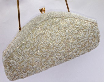 Vintage Glass Beaded Evening Bag, Bridal Purse, Ivory, Bridal Purse,Bridal Evening Bag,Large Clutch