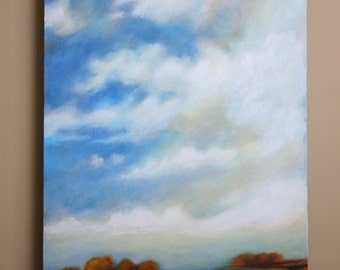 Large landscape painting, big sky, clouds and trees, 24x36x1.5"