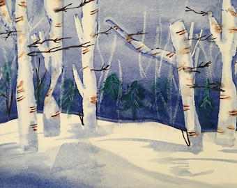 Blue Birch captures the undulating snow drifts as well as the grace and beauty of this original winter landscape by The Praying Painter