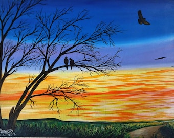 Original painting on oil - Birds on the branches 61 x 85 cm (24 x 33.4 in)