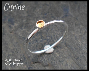 November birthstone ring - 3mm Yellow Citrine Skinny sterling silver ring, hammered, 1.2 mm ring. Skinny ring, thin ring, stacking ring.