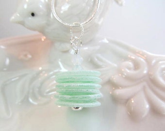 Necklace green lampwork stacked glass disks, crystals