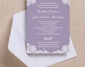 Personalised Lavender/Lilac and White Vintage Lace Wedding Invitation & RSVP with envelopes