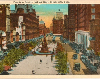 Linen Postcard, Cincinnati, Ohio, Fountain Square Looking East, ca 1920
