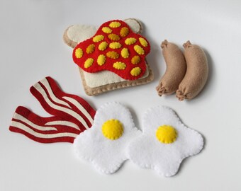 Felt Food Breakfast Set, Bacon and Eggs, Toast and Beans, Breakfast Sausages, Play Kitchen, Play Shop, Play Cafe, Pretend Play