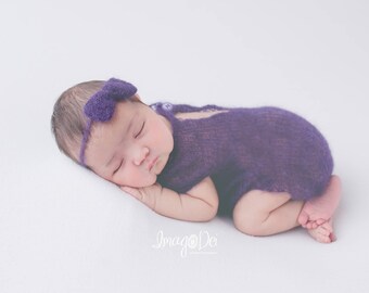 Mohair hand knit, newborn romper, newborn romper prop, baby headband, newborn headband, baby romper, photo props, newborn prop, bow